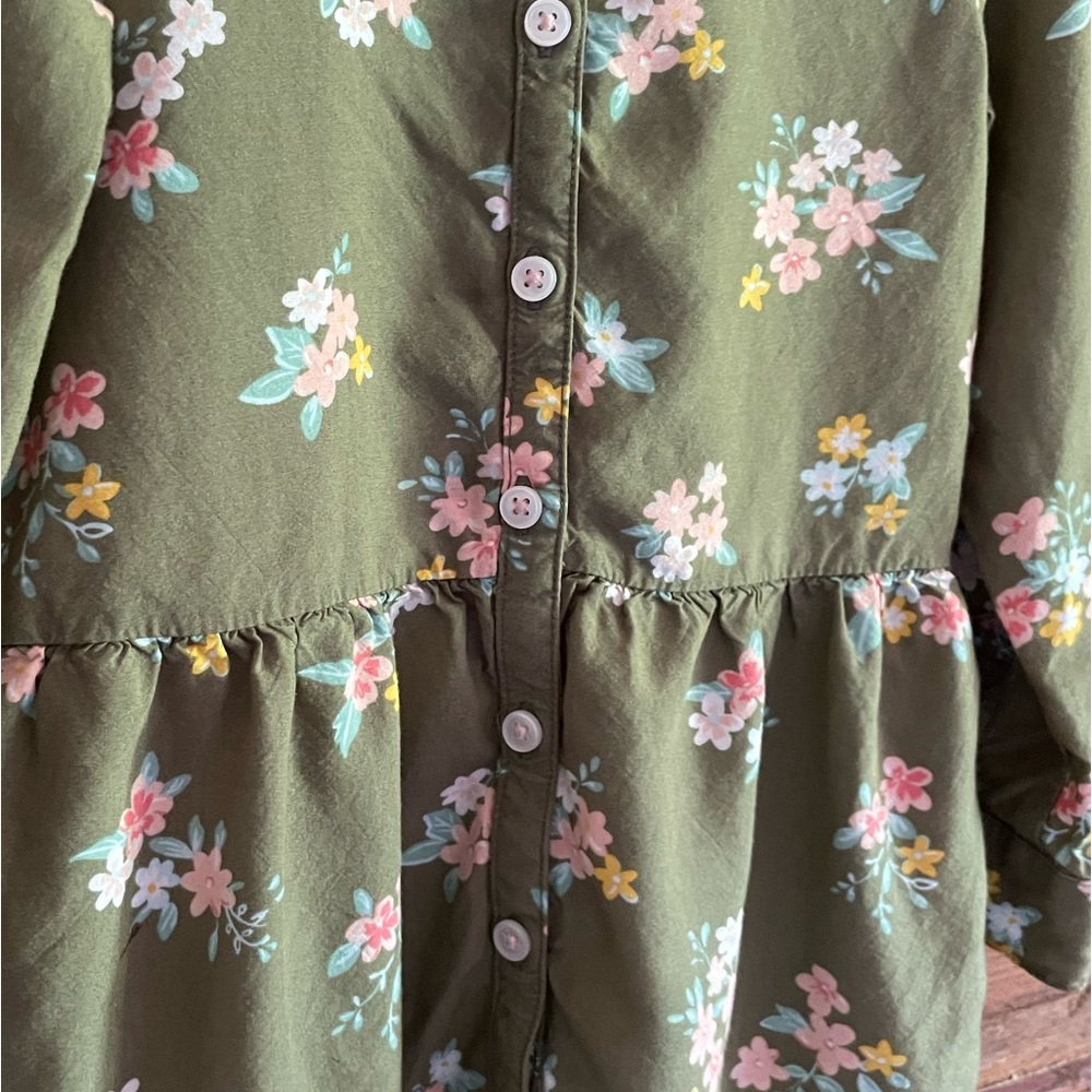 4 Flowy Viscose Woven Ruffle Hem Button-Up Blouse, Green w Pink Ditsy Floral - Picture 4 of 7